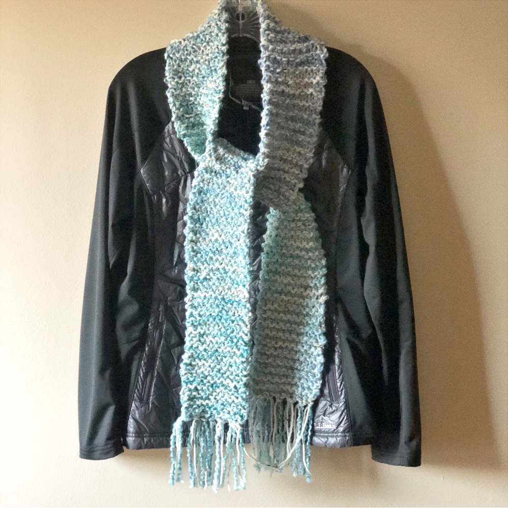 Knitted Scarf Handmade Warm Aqua Cream Acrylic Cotton Blend Chunky Skinny Fringe